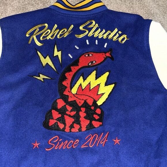 Rebel Minds (M) Velocity Varsity Jacket Blue Leather Embroidered Cobra See Desc - Picture 16 of 16